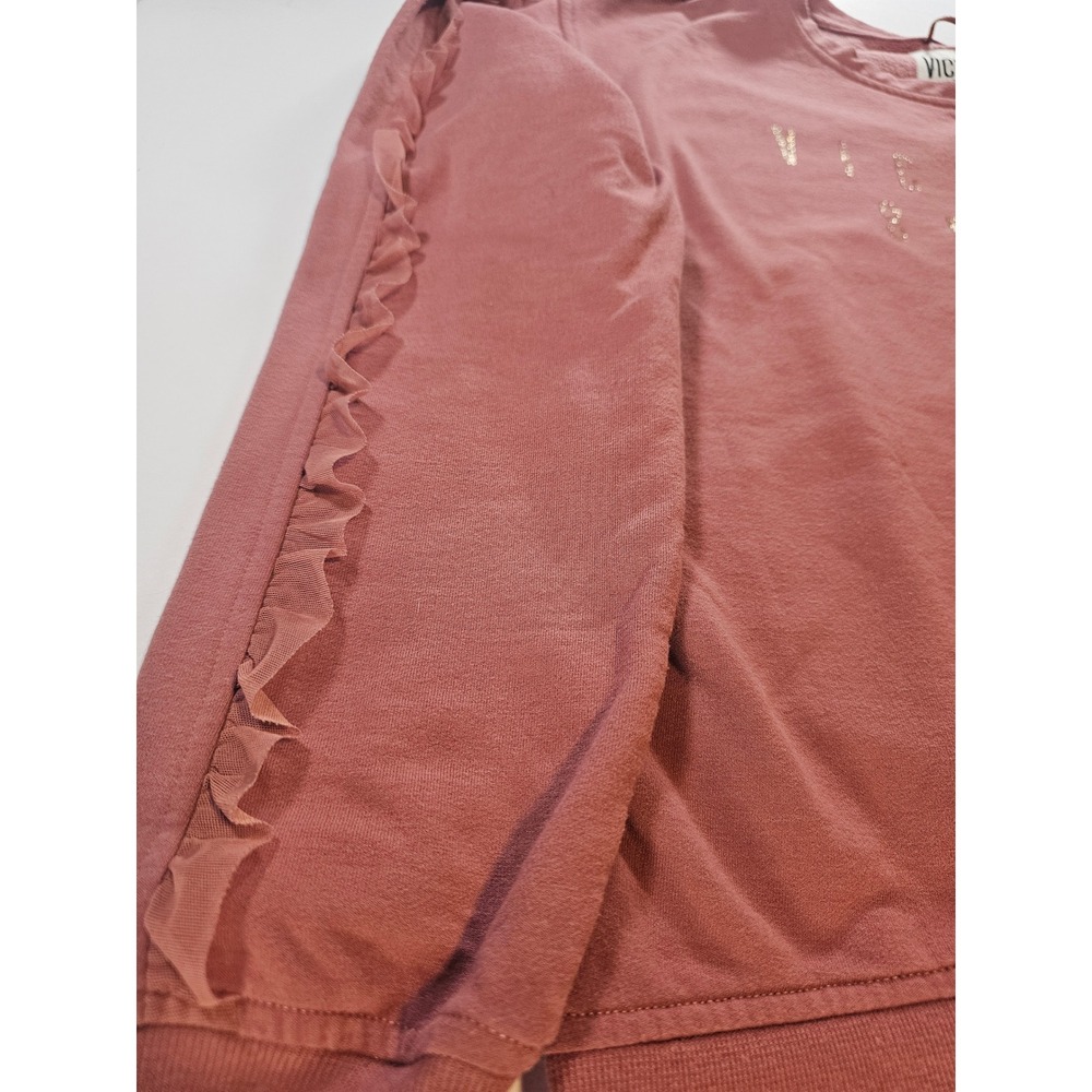 Victoria Sport Sweatshirt Women S Mauve Pink Ruffle Sleeve Glitter Logo - Picture 3 of 8